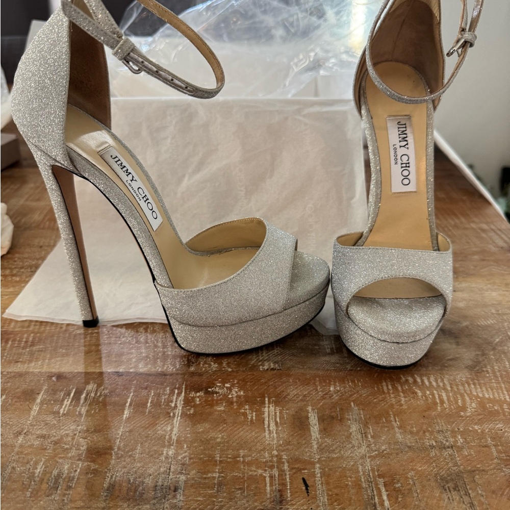 Jimmy Choo Sparkling Silver Platform Heels
